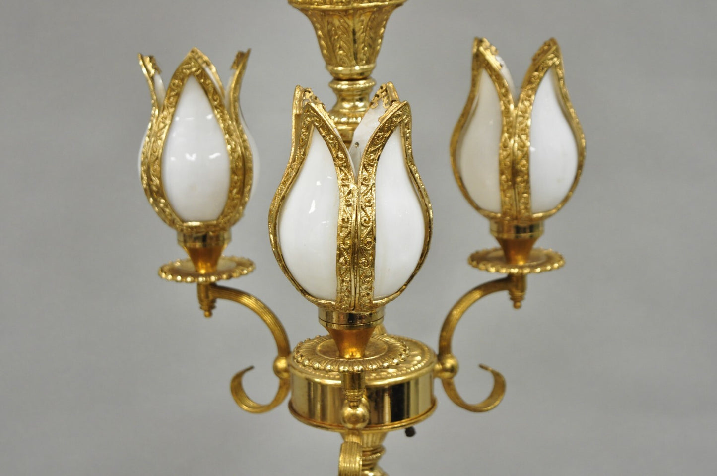 Vintage Hollywood Regency Gold Tall Candlestick Lantern Tulip Shade Table Lamp