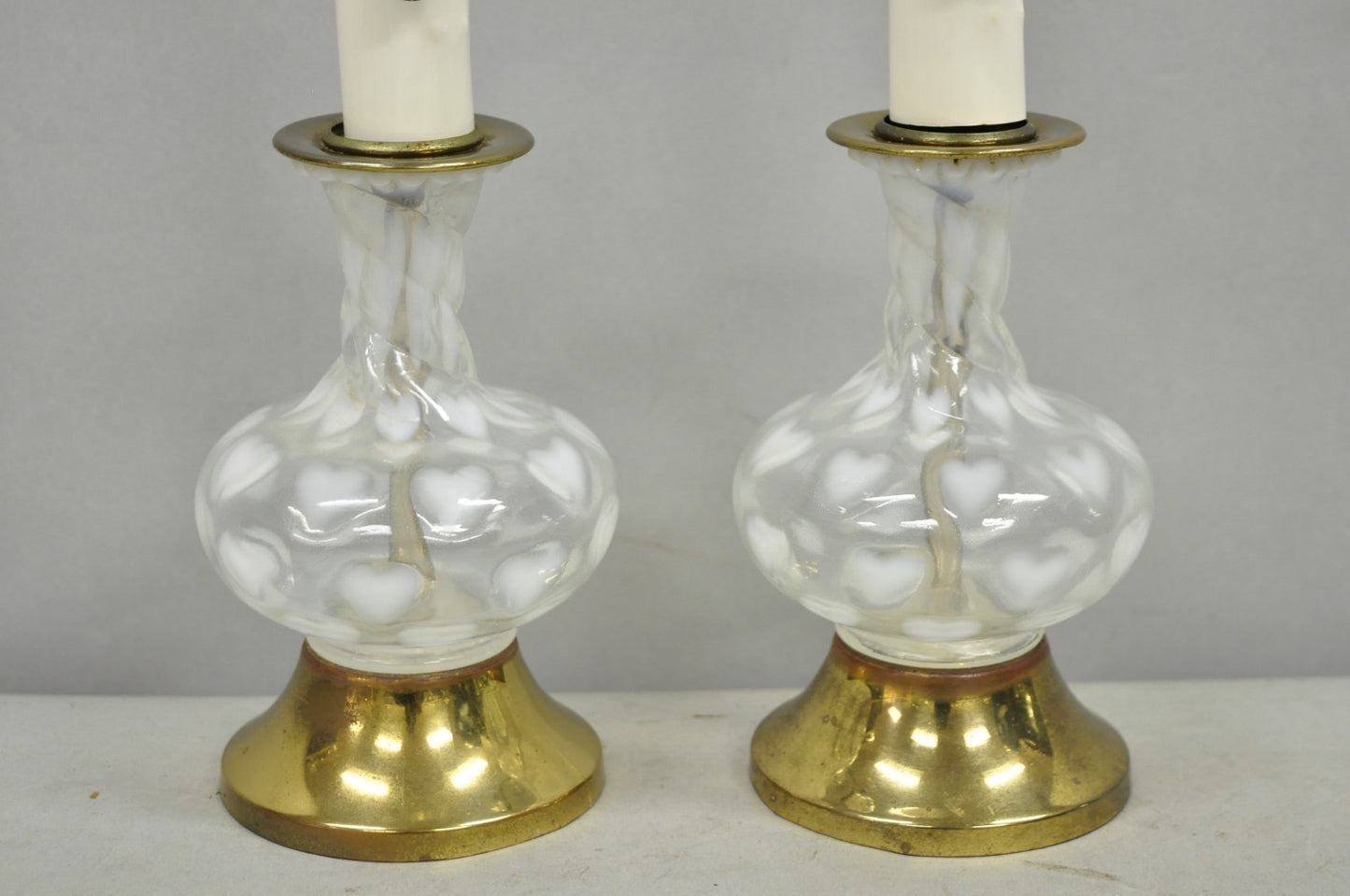 Vintage Hollywood Regency Petite Blown Glass Boudoir Table Lamps w/ Hearts, Pair