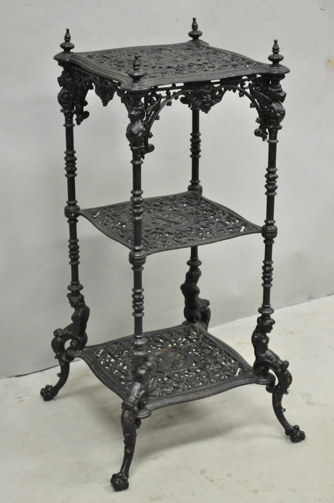 Antique French Renaissance Victorian Cast Iron Figural 3 Tier Plant Stand Table