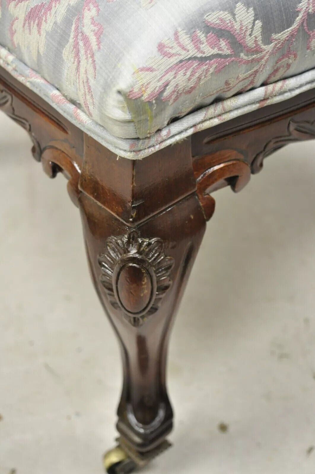 Antique Victorian Floral Scrollwork Carved Mahogany Parlor Accent Slipper Chair