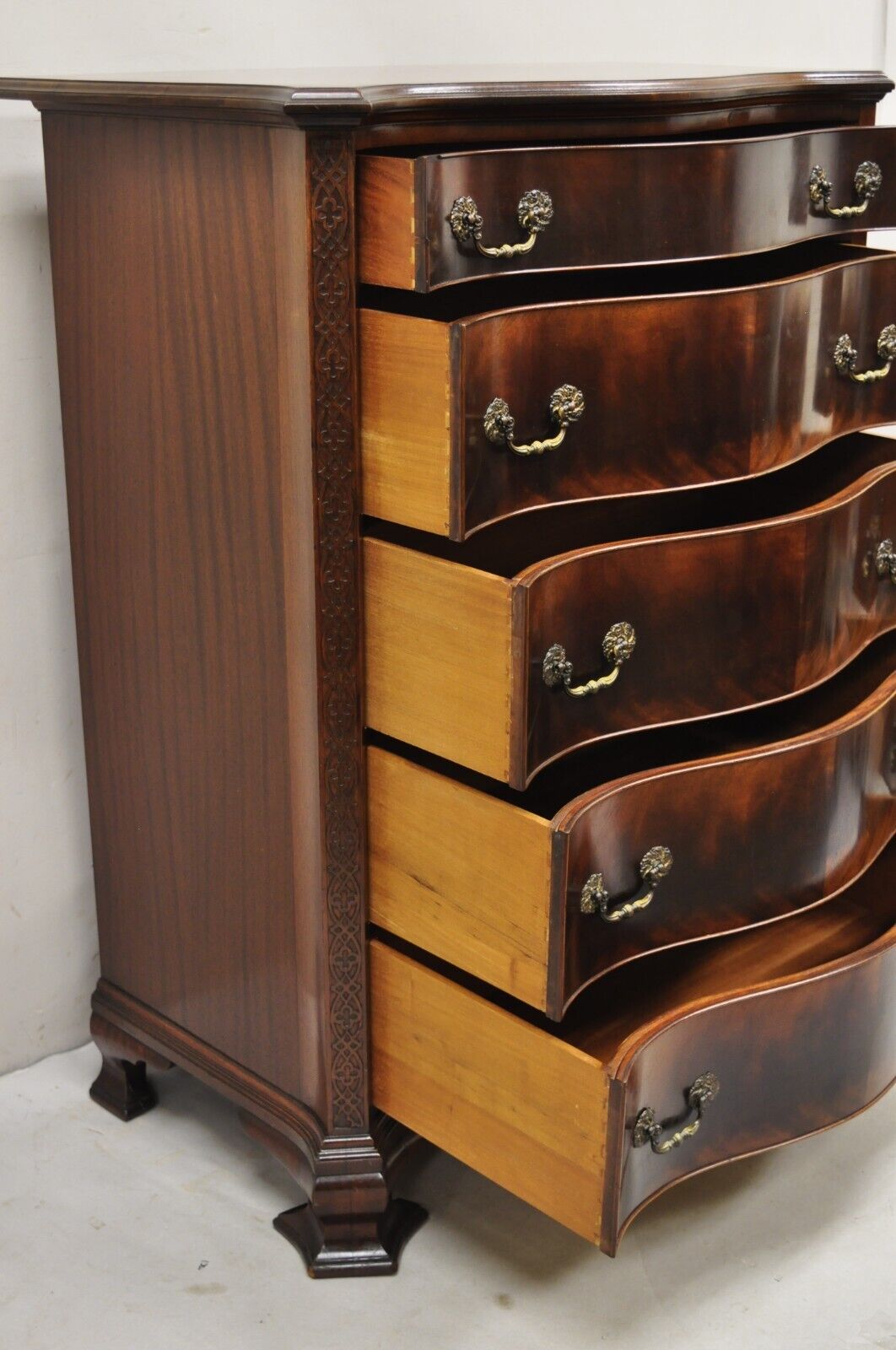 Vintage W&J Sloane Chinese Chippendale Mahogany Serpentine Tall Chest Dresser