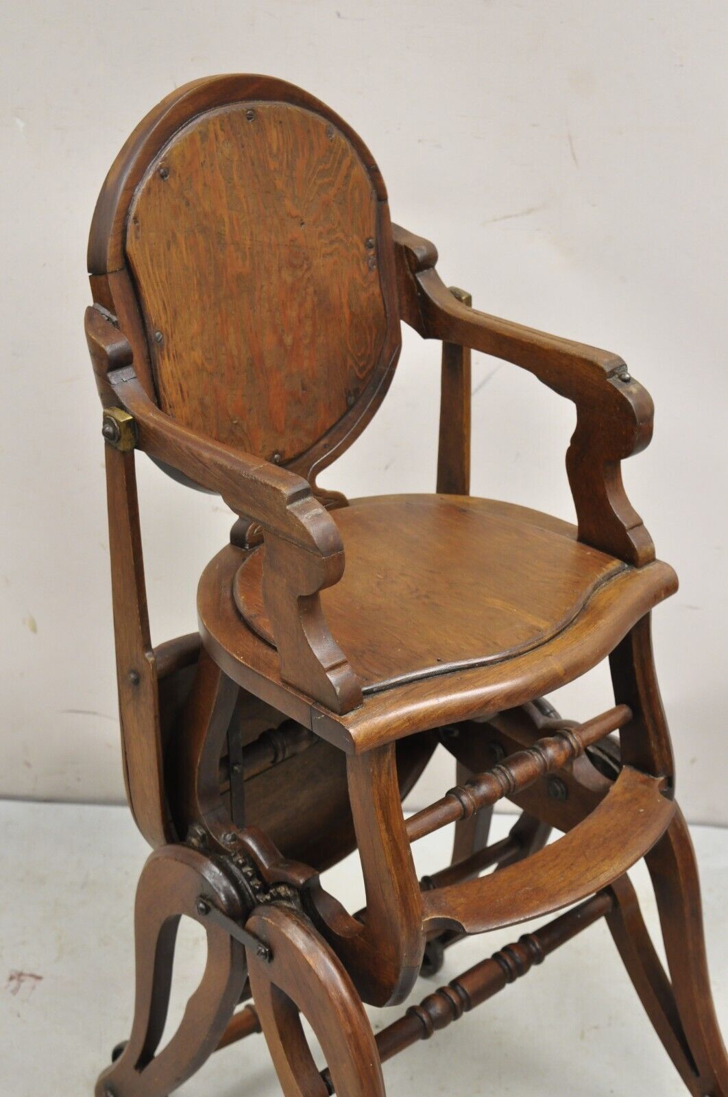Antique Victorian Walnut Wood Convertible Combination Baby High Chair Stroller