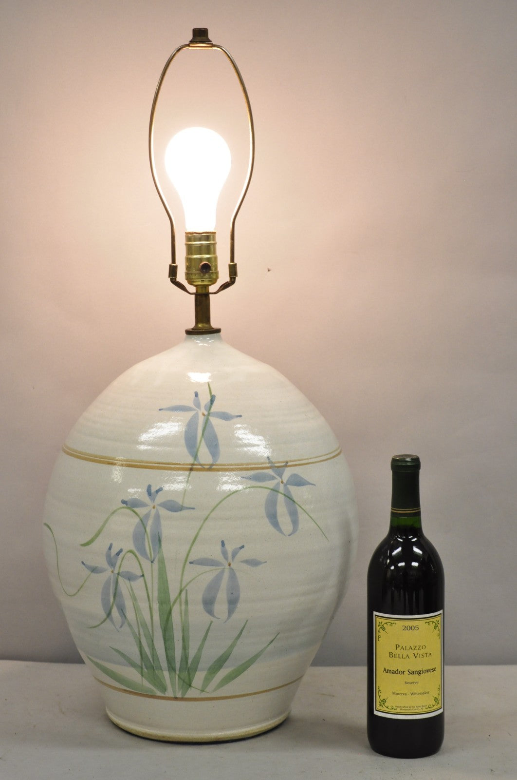Vintage French Country Large Blue Flower Stoneware Pottery Vase Table Lamp