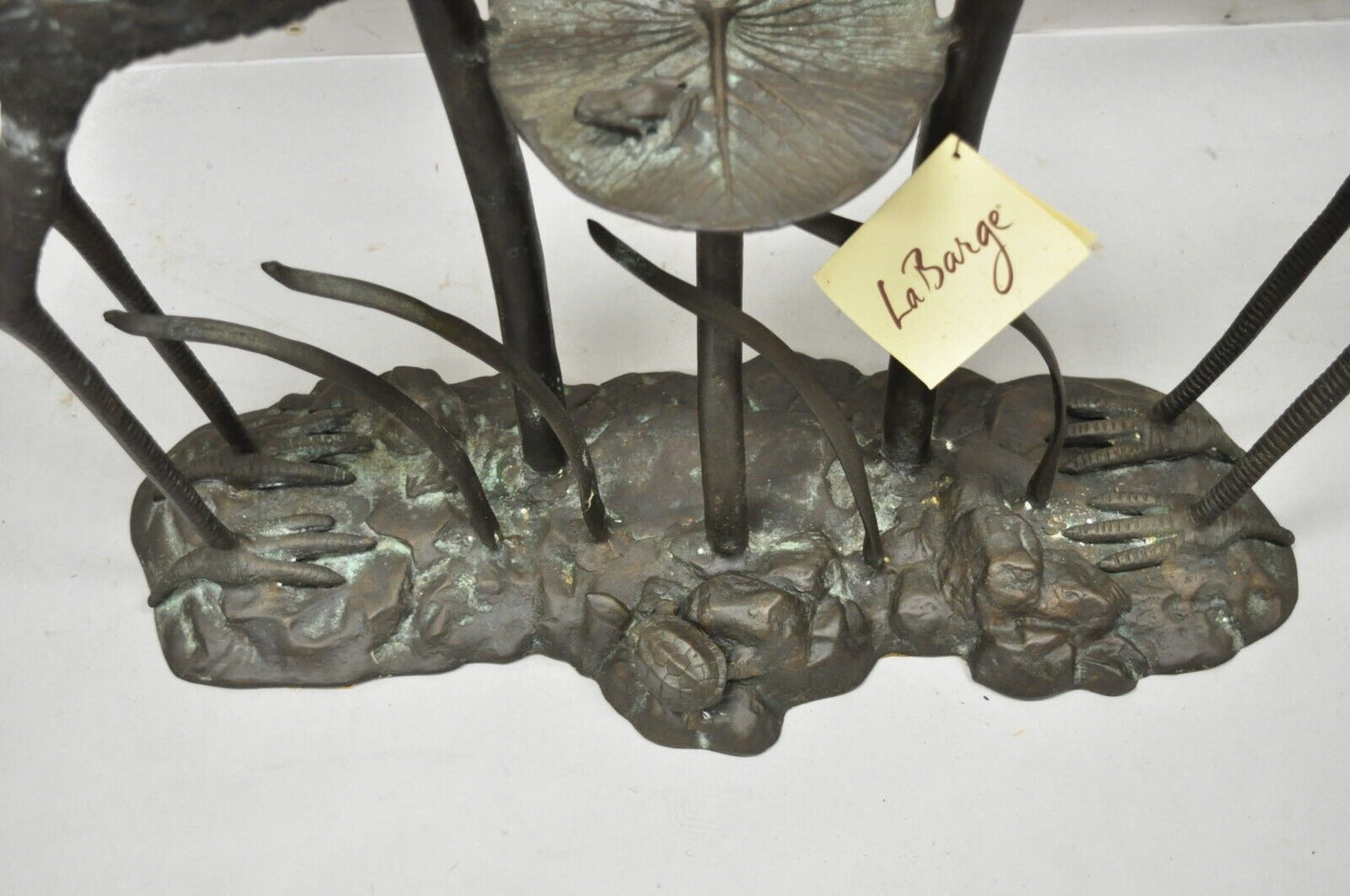 Labarge Bronze Crane Bird Lily Pad Glass Top Console Sofa Hall Table