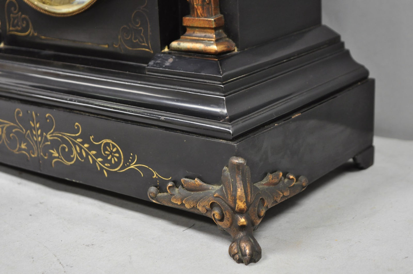 Antique Ansonia Black Mantel Clock with Bronze Coated Columns and Claw Feet