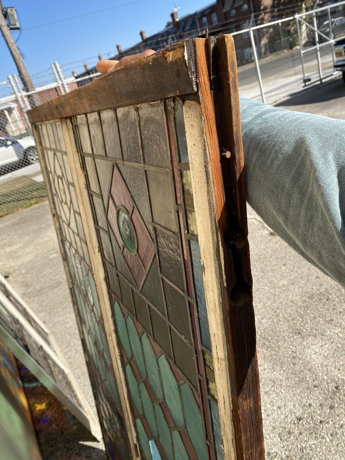 Antique Victorian 70 x 48 Double Stained Glass Window Pink Blue Green Jeweled