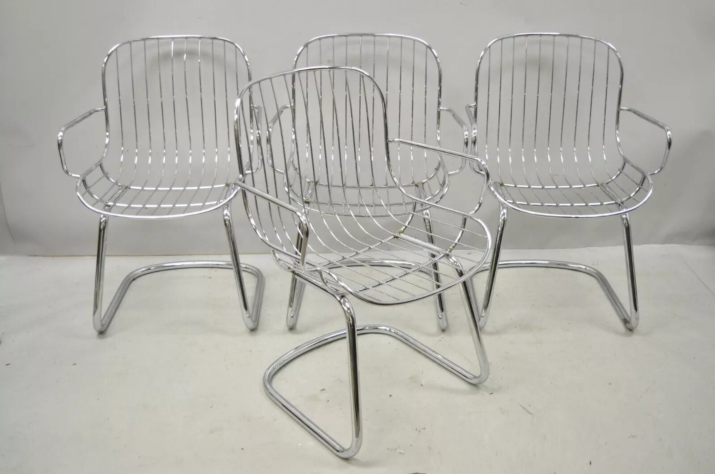 Mid Century Italian Modern Tubular Chrome Cantilever Dining Arm Chair - Set of 4