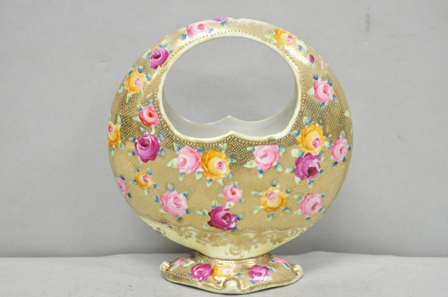 Antique Japanese Nippon Hand Painted Porcelain Gold Gilt Handle Moon Basket Vase