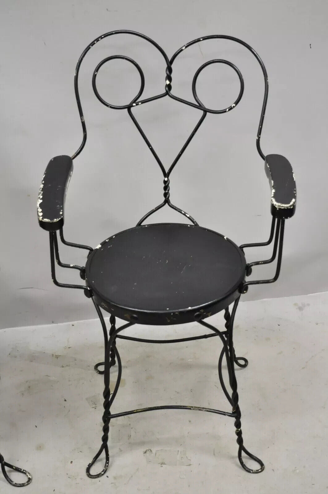 Antique Wrought Iron Twisted Metal Ice Cream Parlor Arm Chairs Wood Arms - Pair