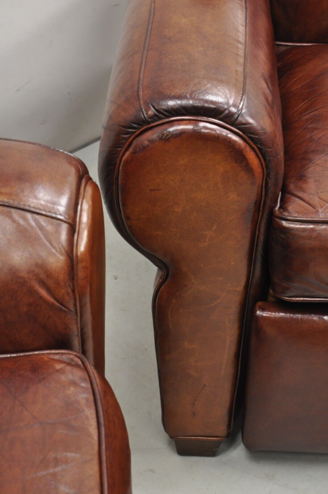 Pottery Barn Manhattan Brown Leather Recliner Art Deco Club Chairs - a Pair