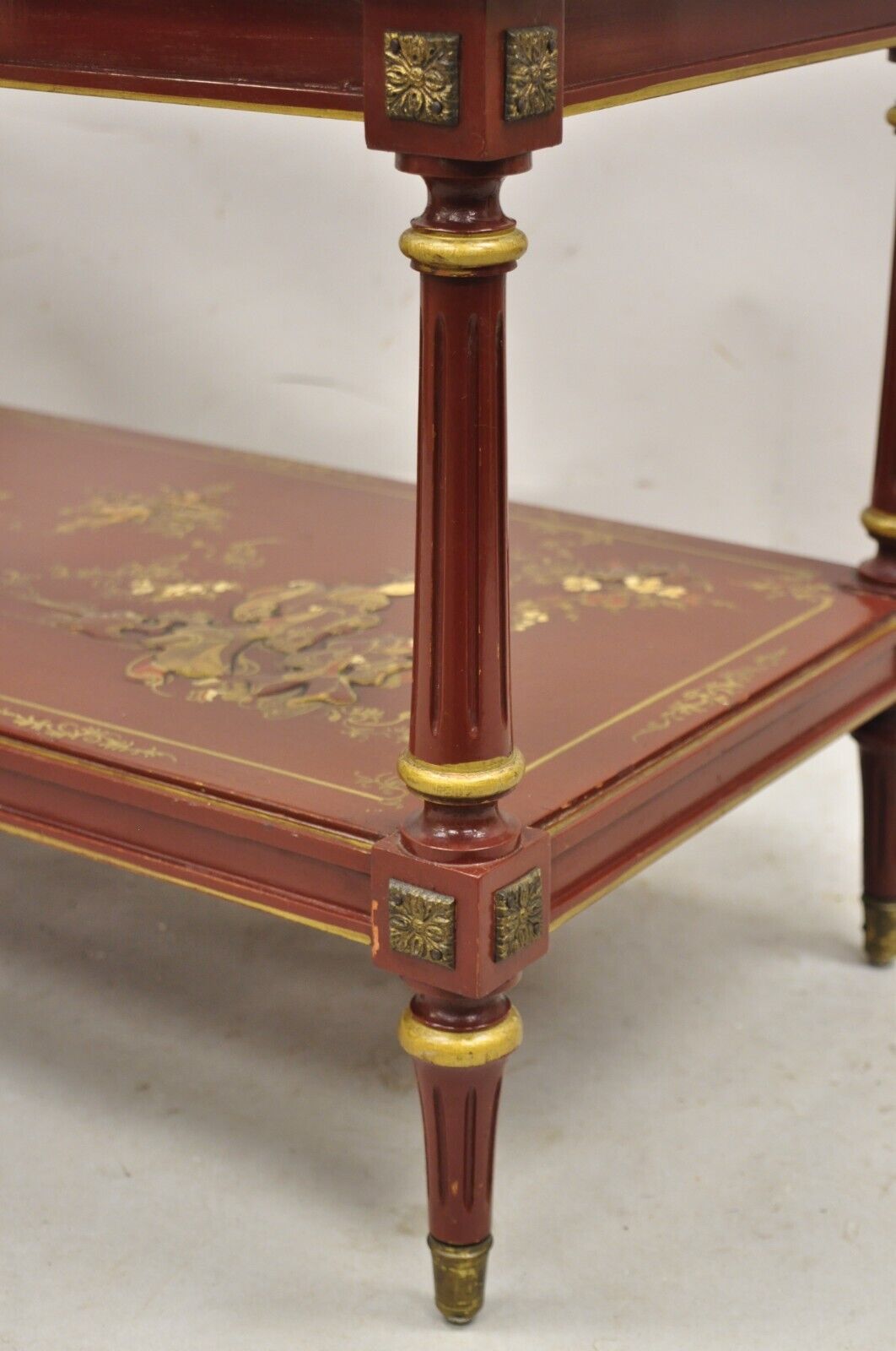 Chinoiserie Red Lacquer Gilt Painted Oriental Asian Glass Top Coffee Table