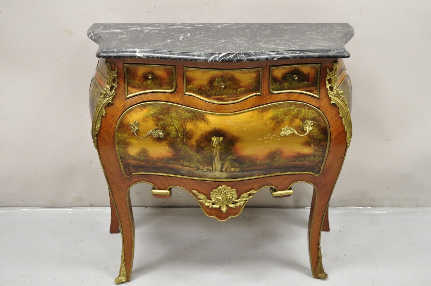 Vintage French Louis XV Style Marble Top Bombe Hand Painted Commode Chest