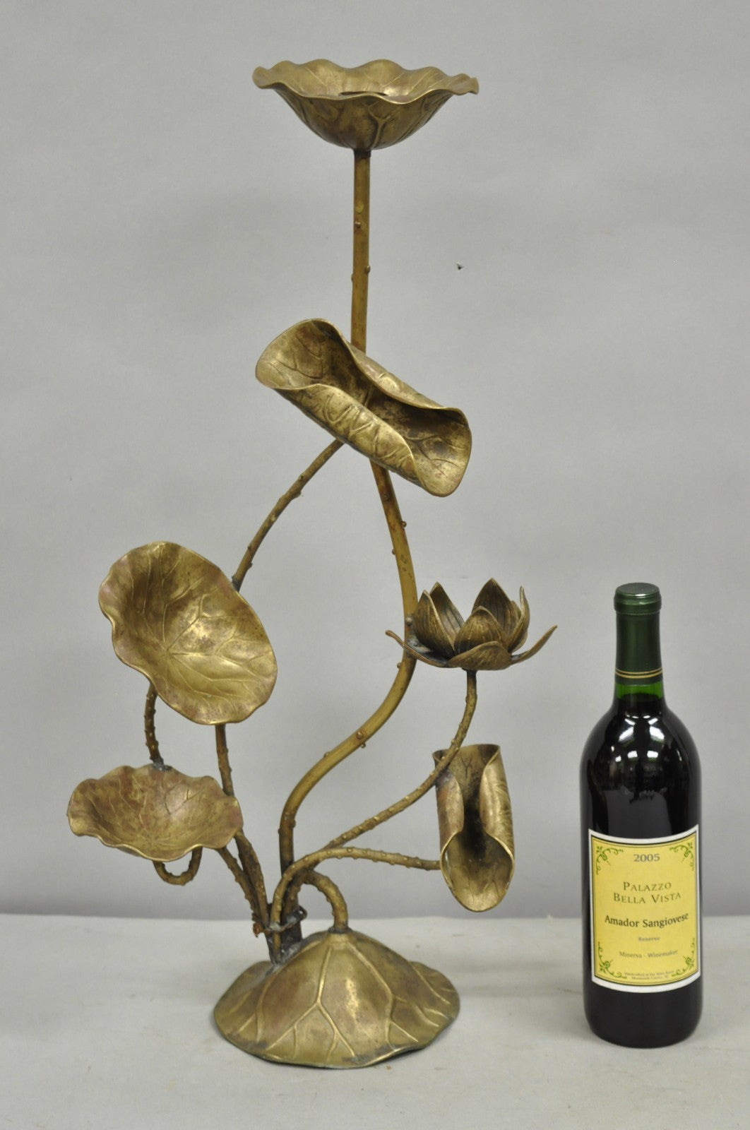 Vintage Hollywood Regency Brass Lotus Leaf Lily Pad Single Candlestick Holder