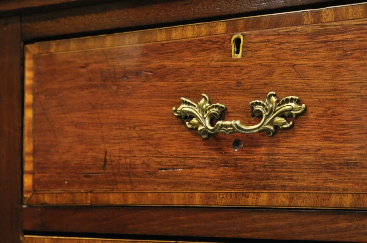 Antique English Georgian Mahogany Banded Satinwood Inlay 5 Drawer Chest Dresser