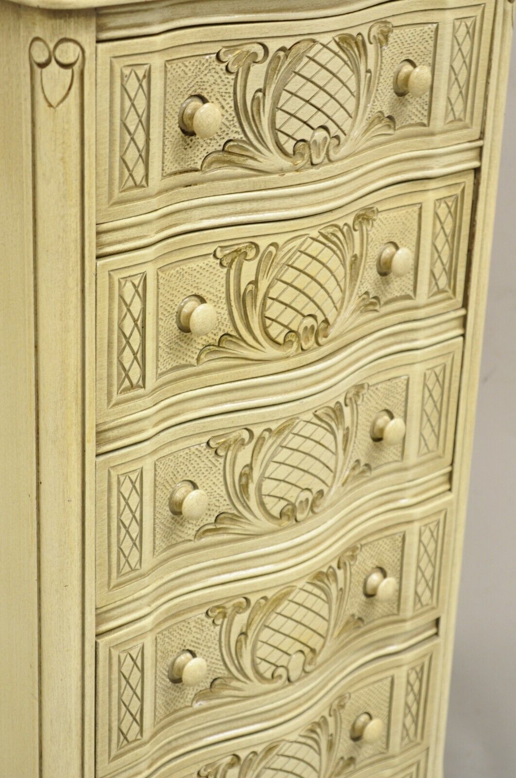Vintage French Country Provincial Style Cream Painted 5 Drawer Chest Nightstand