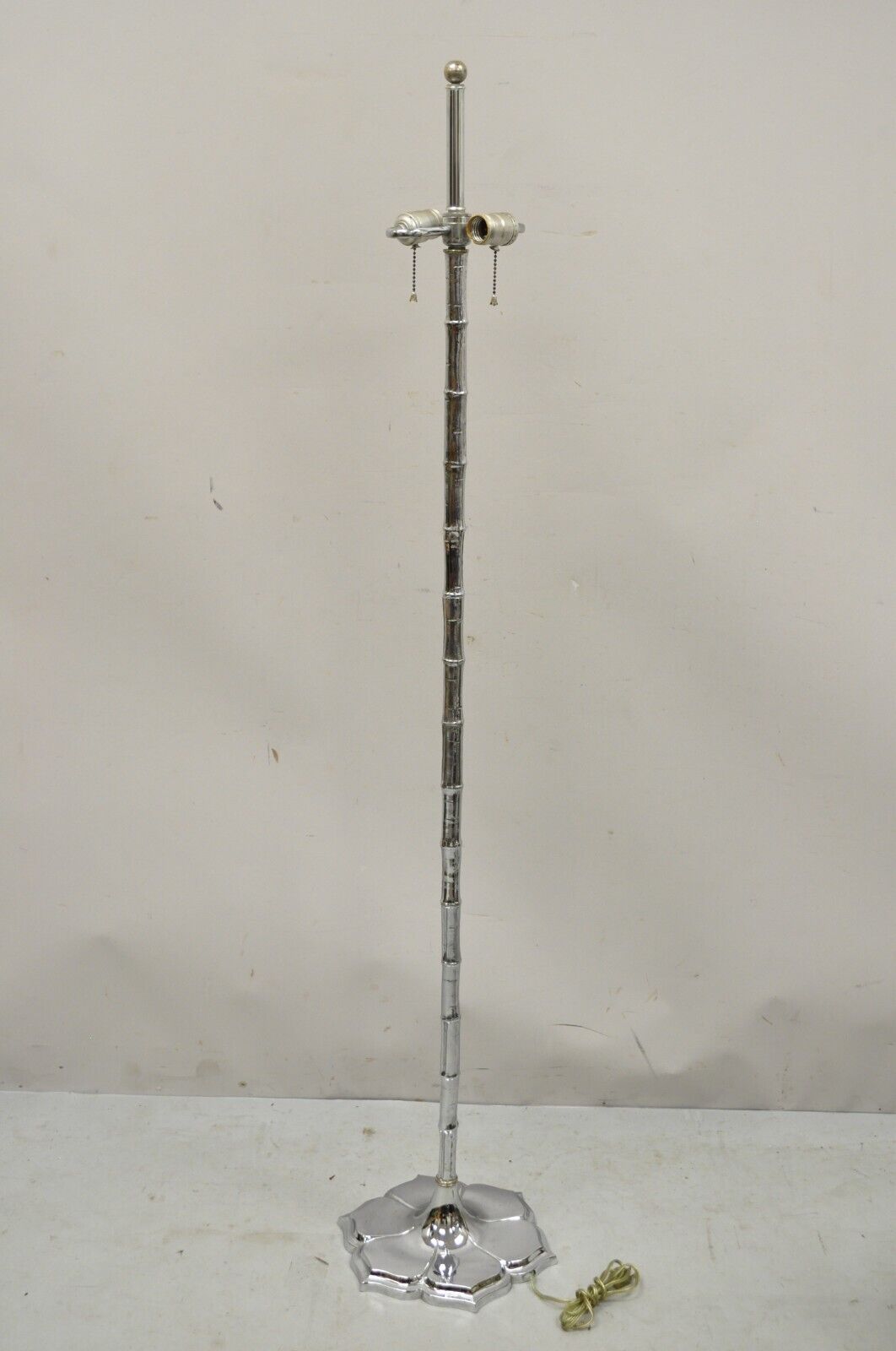 Vintage Hollywood Regency Faux Bois Faux Bamboo Chrome Lotus Floor Lamp