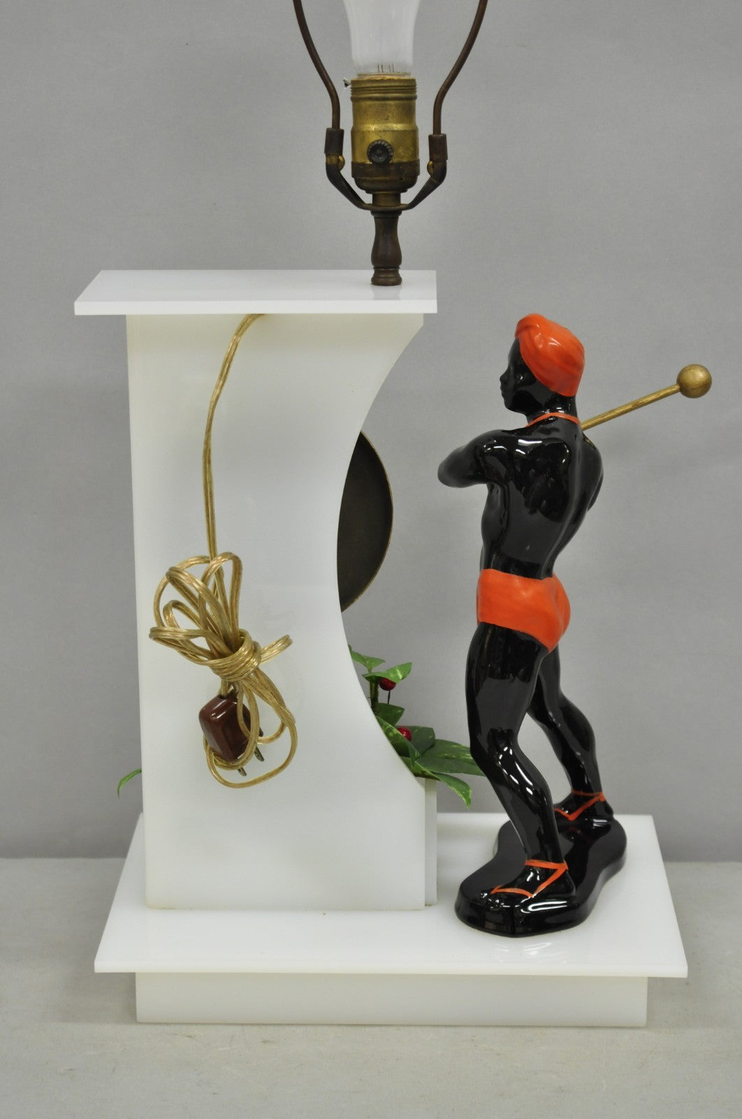 Vintage Mid Century Modern Figural African Black Male w/ Gong Acrylic Table Lamp