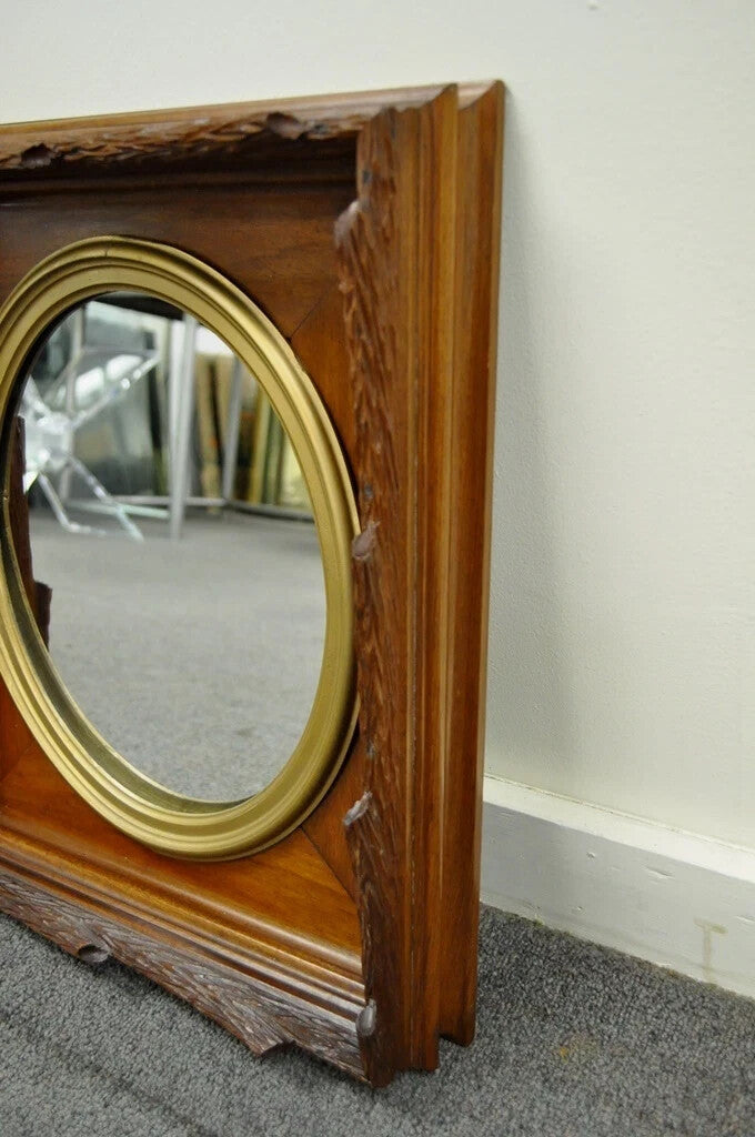 Antique Black Forest Victorian Faux Bois Carved Mahogany Gold Gilt Wall Mirror