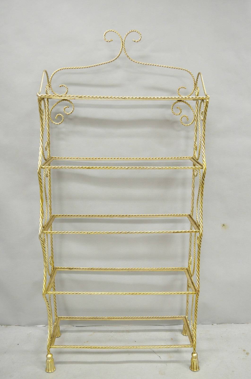 Vintage Italian Hollywood Regency Silver Gilt Iron Rope & Tassel 5 Tier Etagere