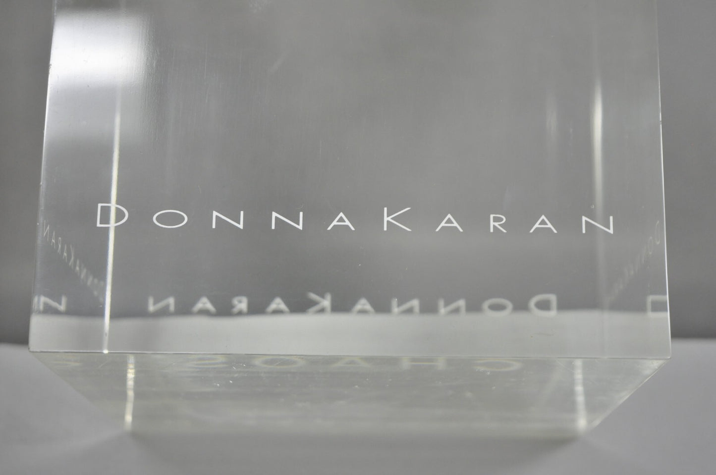 Donna Karan "Chaos" Heavy Acrylic Lucite Cube Perfume Retail Pedestal Display