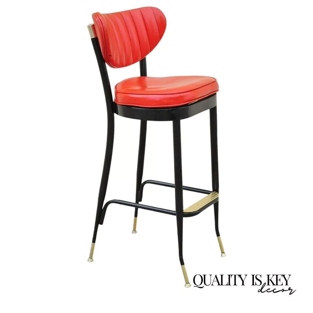 Vintage Mid Century Lion Brand Black Metal Red Vinyl Italian Style Barstool