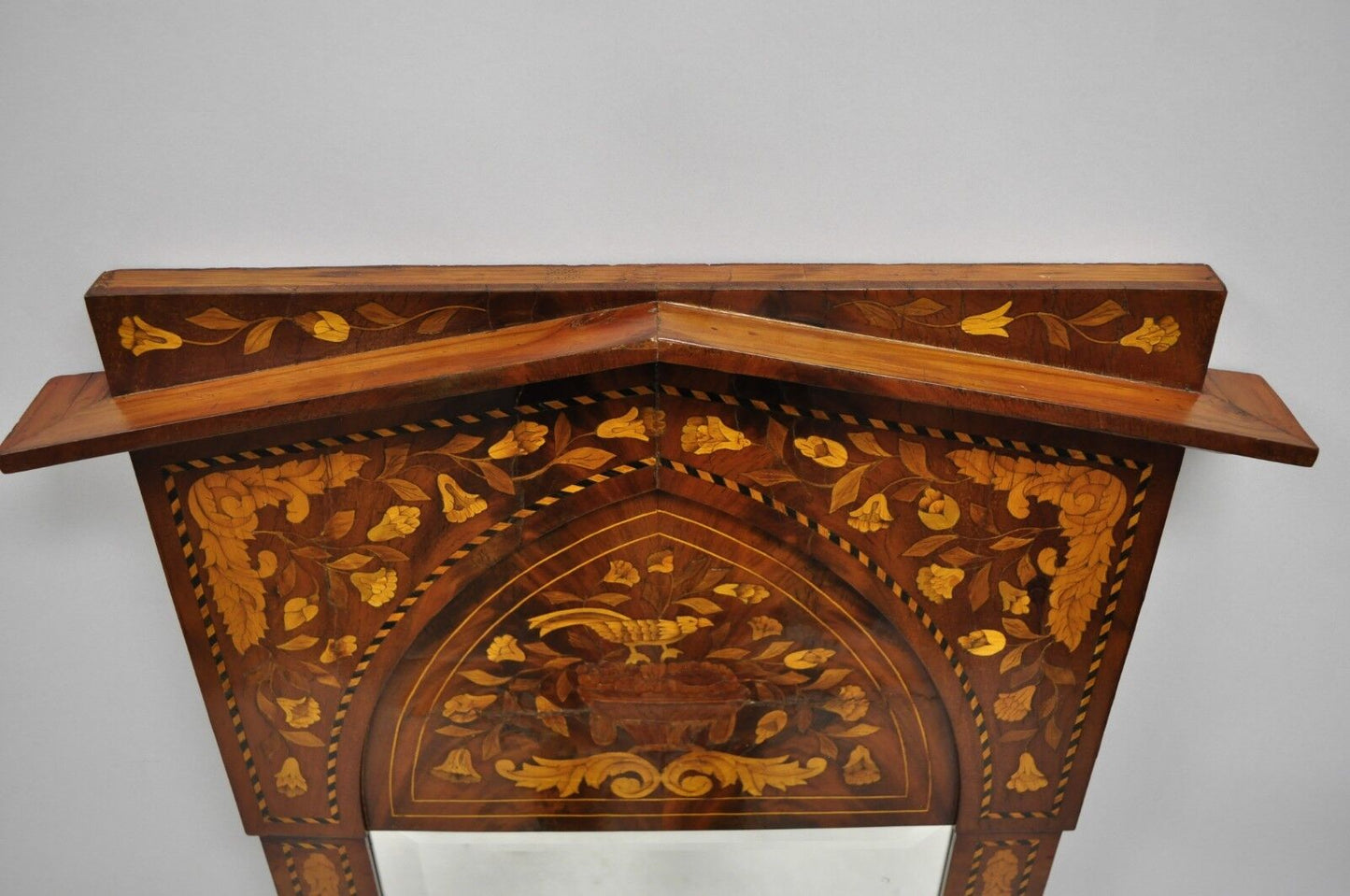 19th Century Satinwood Dutch Marquetry Inlaid Beveled Glass Console Wall Mirror