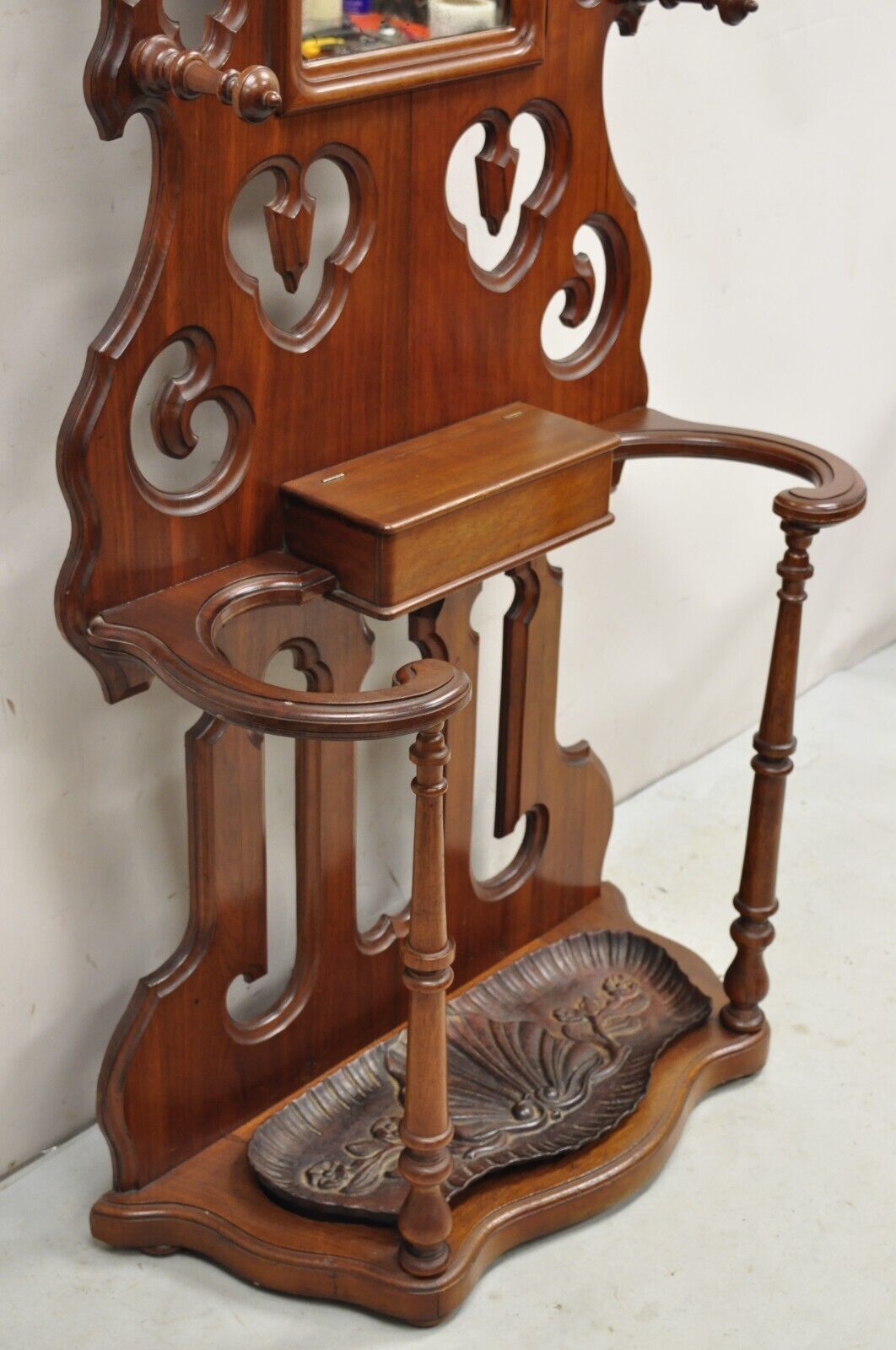 Antique Eastlake Victorian Walnut Coat Hall Tree Umbrella Stand with Mirror