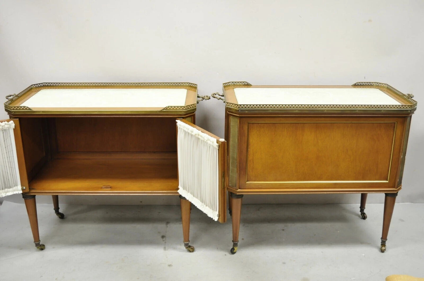French Neoclassical Regency Mahogany & Bronze Bar Server Cabinet Tables - Pair