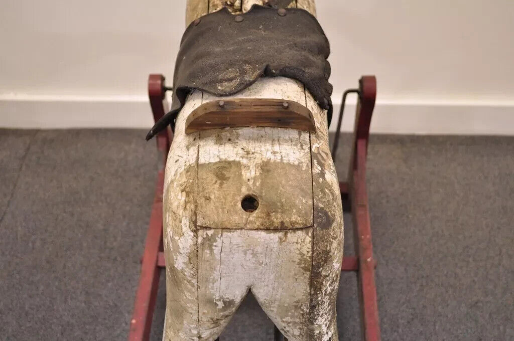 Antique Primitive Glider Rocking Hobby Horse Rustic Carved Wood Cast Iron Red