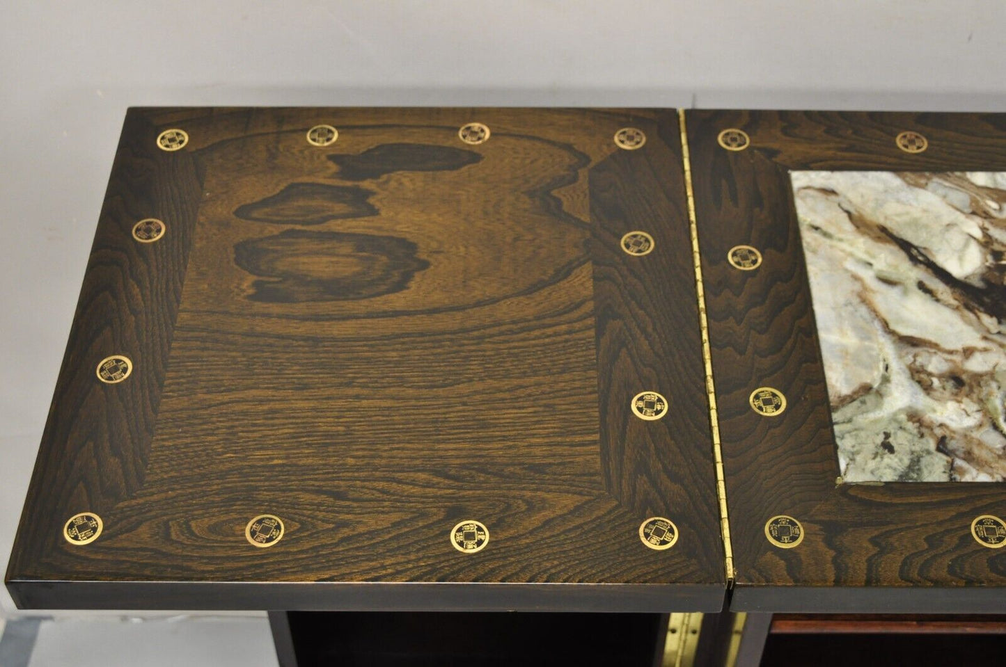 Vintage Korean Carved Wood Marble Top Asian Chinese Liquor Cabinet Dry Bar