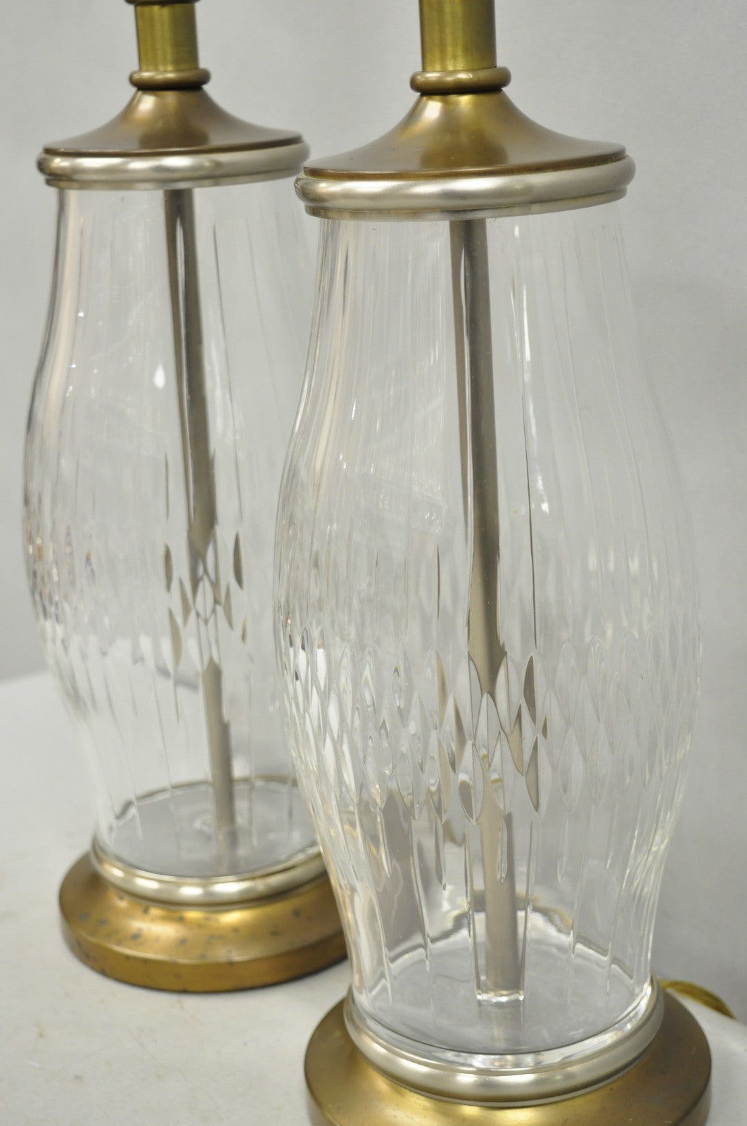 Vintage Bombay Co. Cut Crystal Glass Jardiniere & Brass Table Lamps - a Pair