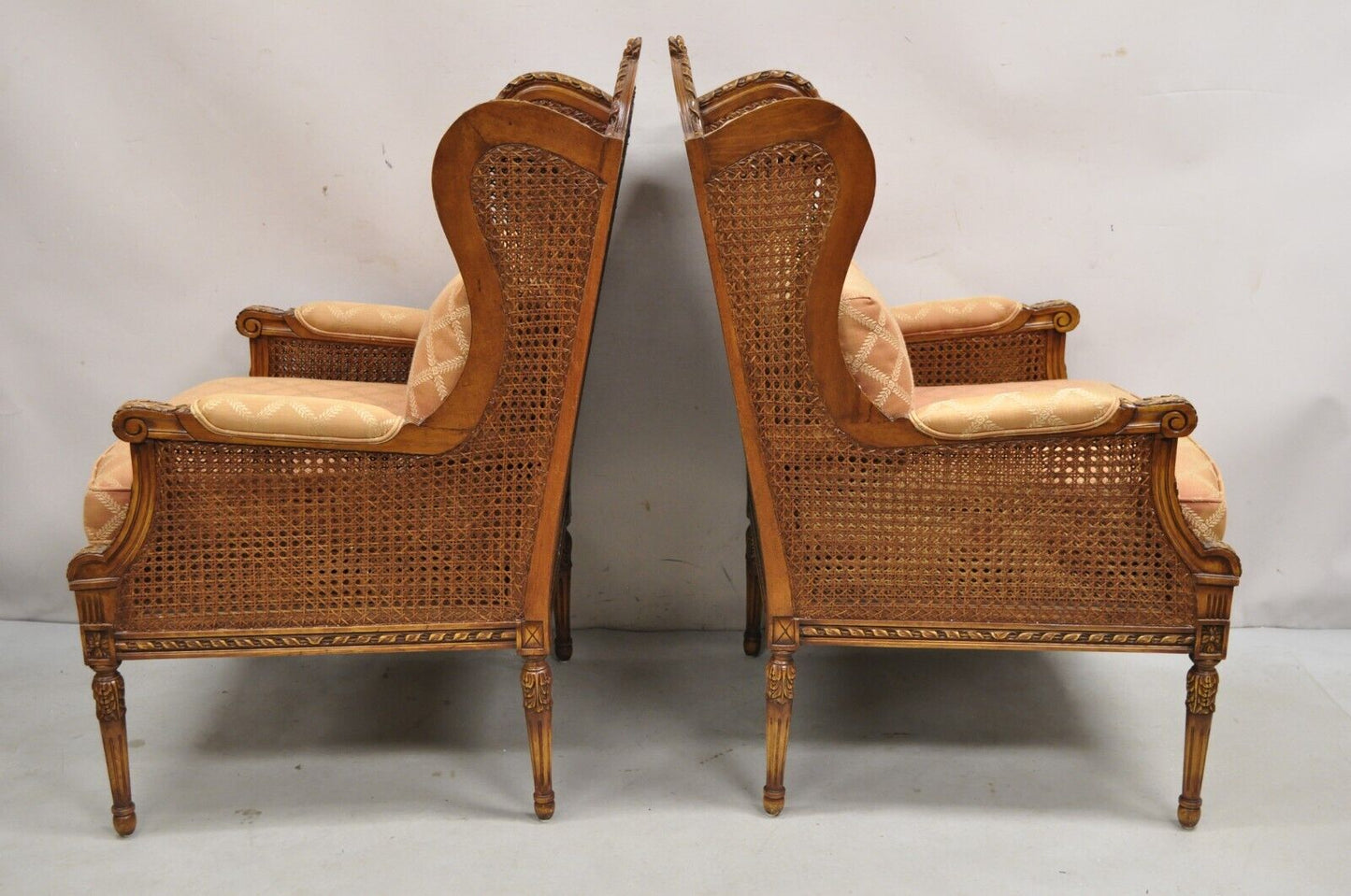 Vintage French Louis XVl Style Carved Walnut Cane Bergere Lounge Chairs - a Pair