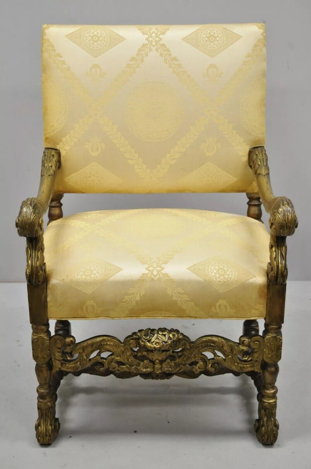 Antique Italian Renaissance Carved Walnut Jacobean Gold Upholstered Arm Chair