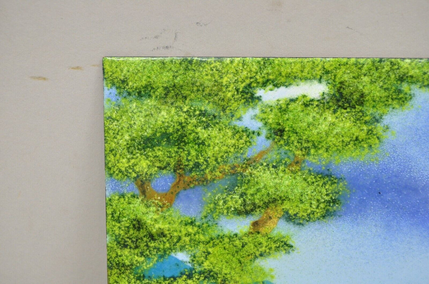 Den Moshe Signed Enamel on Copper Small Painting Yellow Countryside 7 x 8 Art