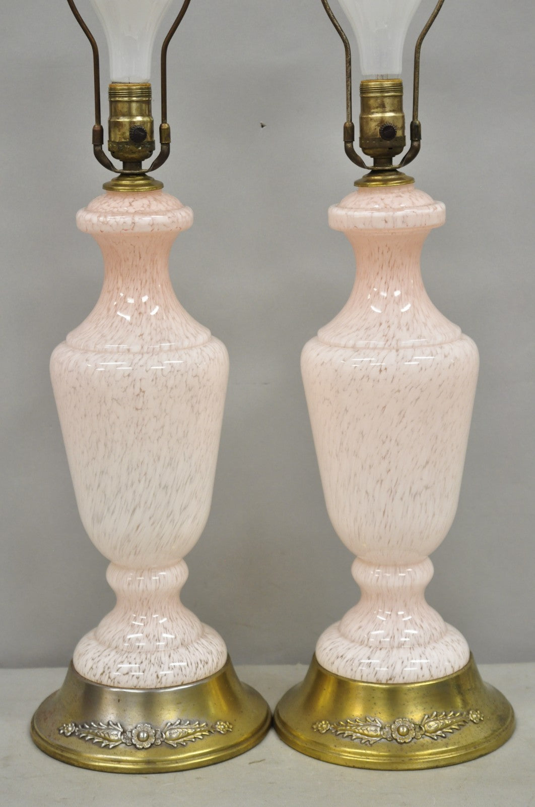 Vintage Mid Century Modern Italian Murano Glass Speckled Pink Table Lamps a Pair