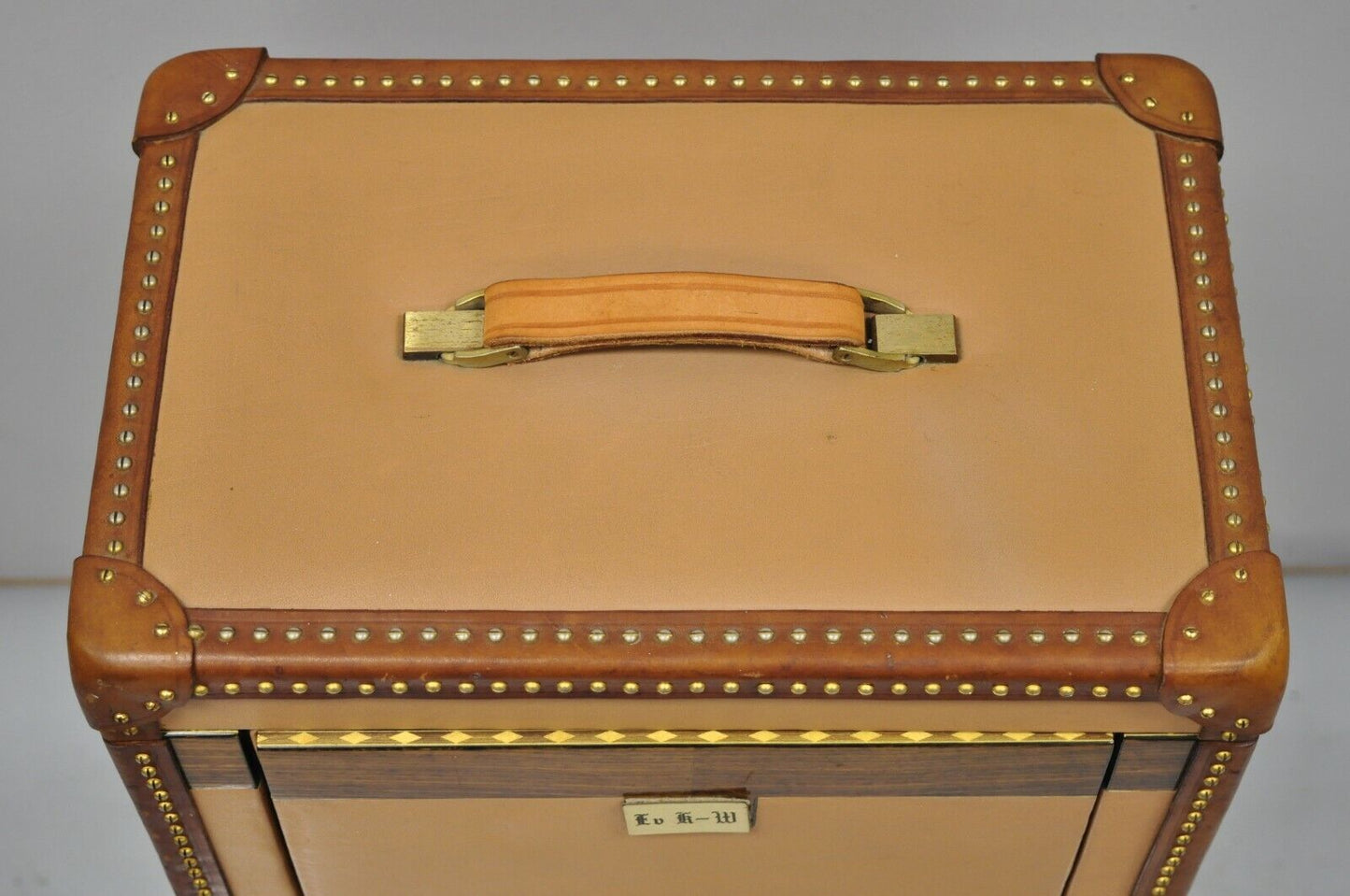 Custom Vintage Italian Leather Toiletry Box Case Travel Trunk Brass Nail Trim