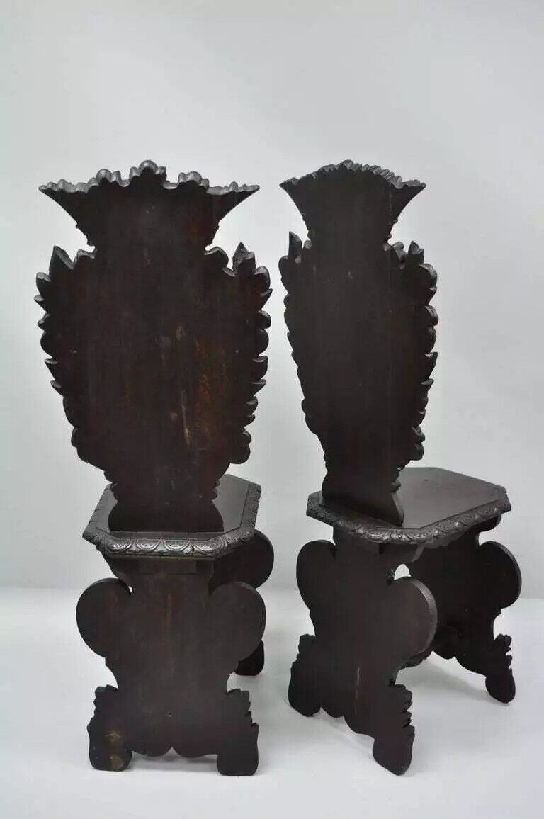 18th C. Italian Renaissance Lion Carved Walnut Sgabello Hall Chairs - a Pair