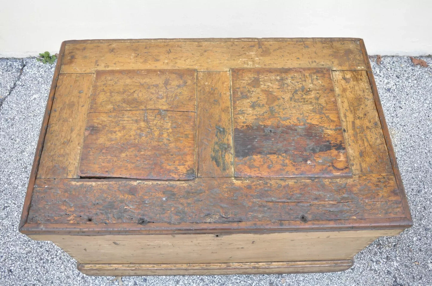 Antique 19th C French Hand Painted Distressed Wood Blanket Chest Dovetail Trunk