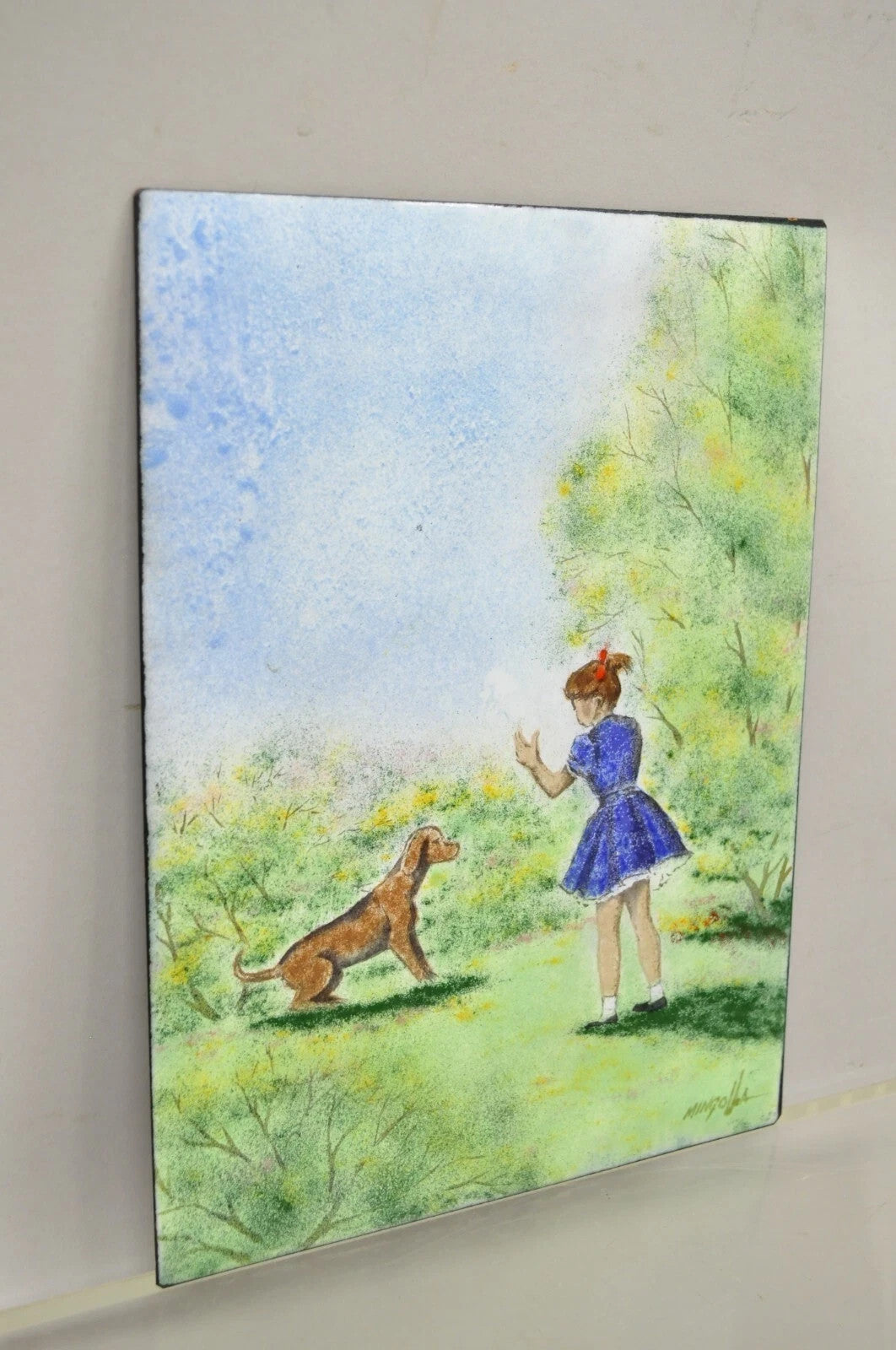 Dom Dominic Mingolla Enamel on Copper Painting Girl with Dog in Field 12 x 9