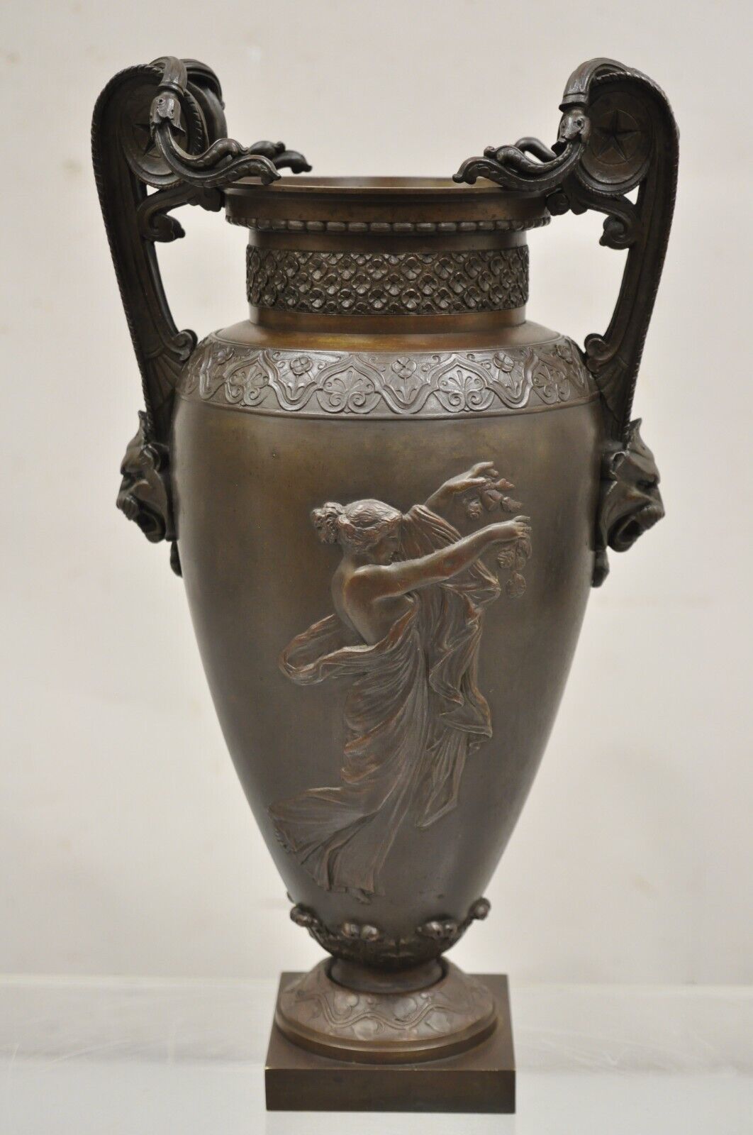 19th C Alfred Daubree French Neoclassical Bronze Figural Urn Vase with Lions