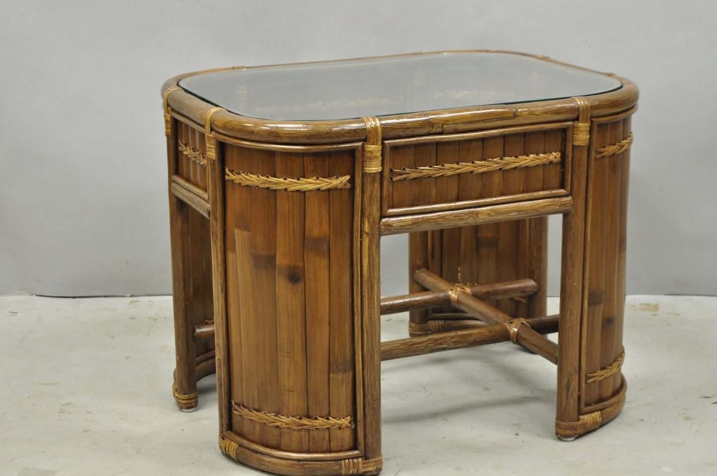 Vintage Hollywood Regency Bentwood Rattan Glass Top Beach House Side Table