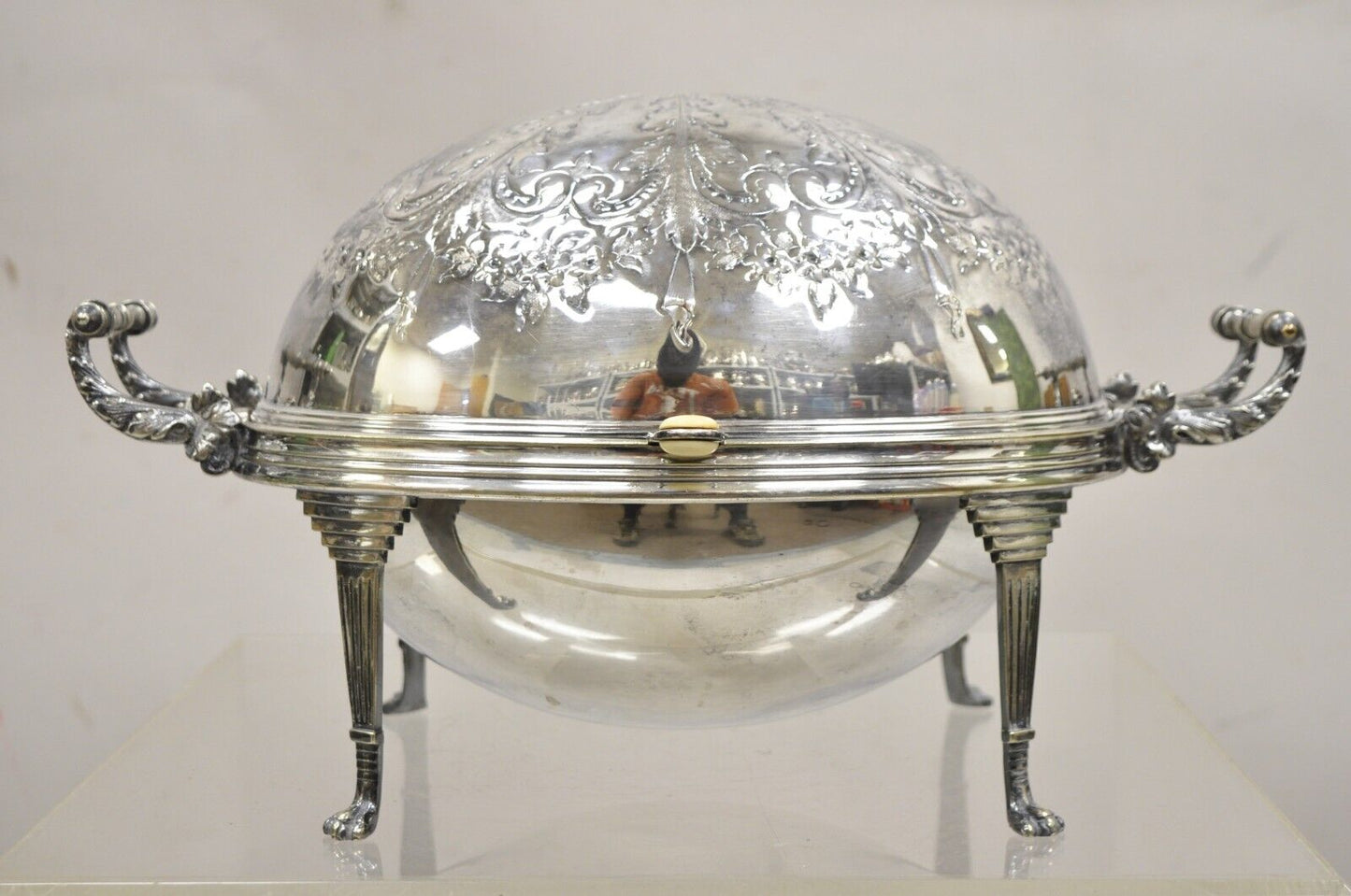 Antique Edwardian Silver Plated Revolving Dome Oval Chafing Dish Food Warmer