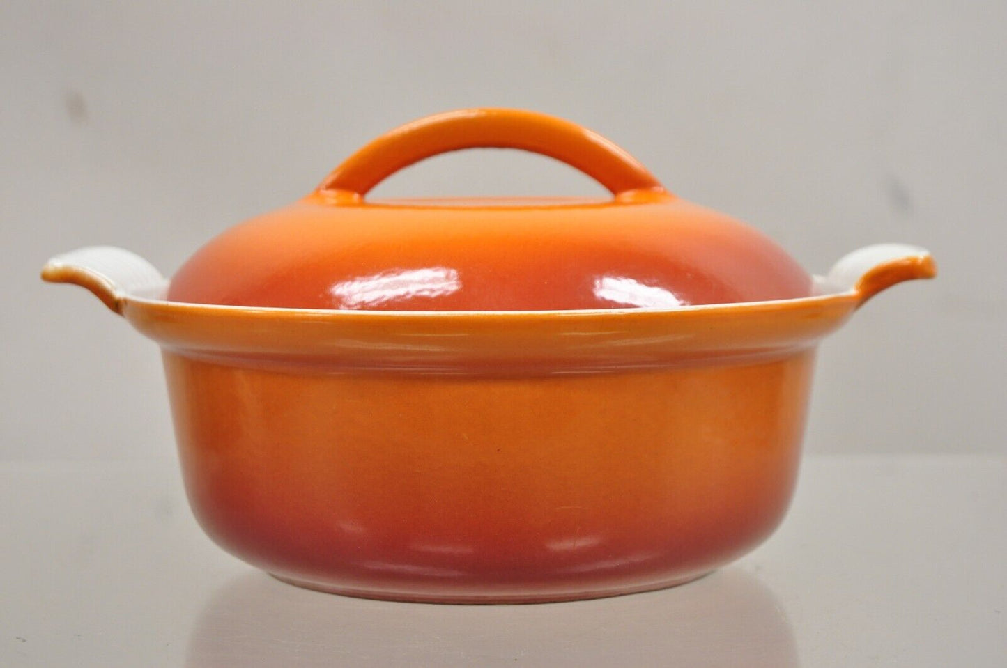 Vintage Descoware Mid Century Modern Cast Iron Orange Enamel Lidded Dutch Oven