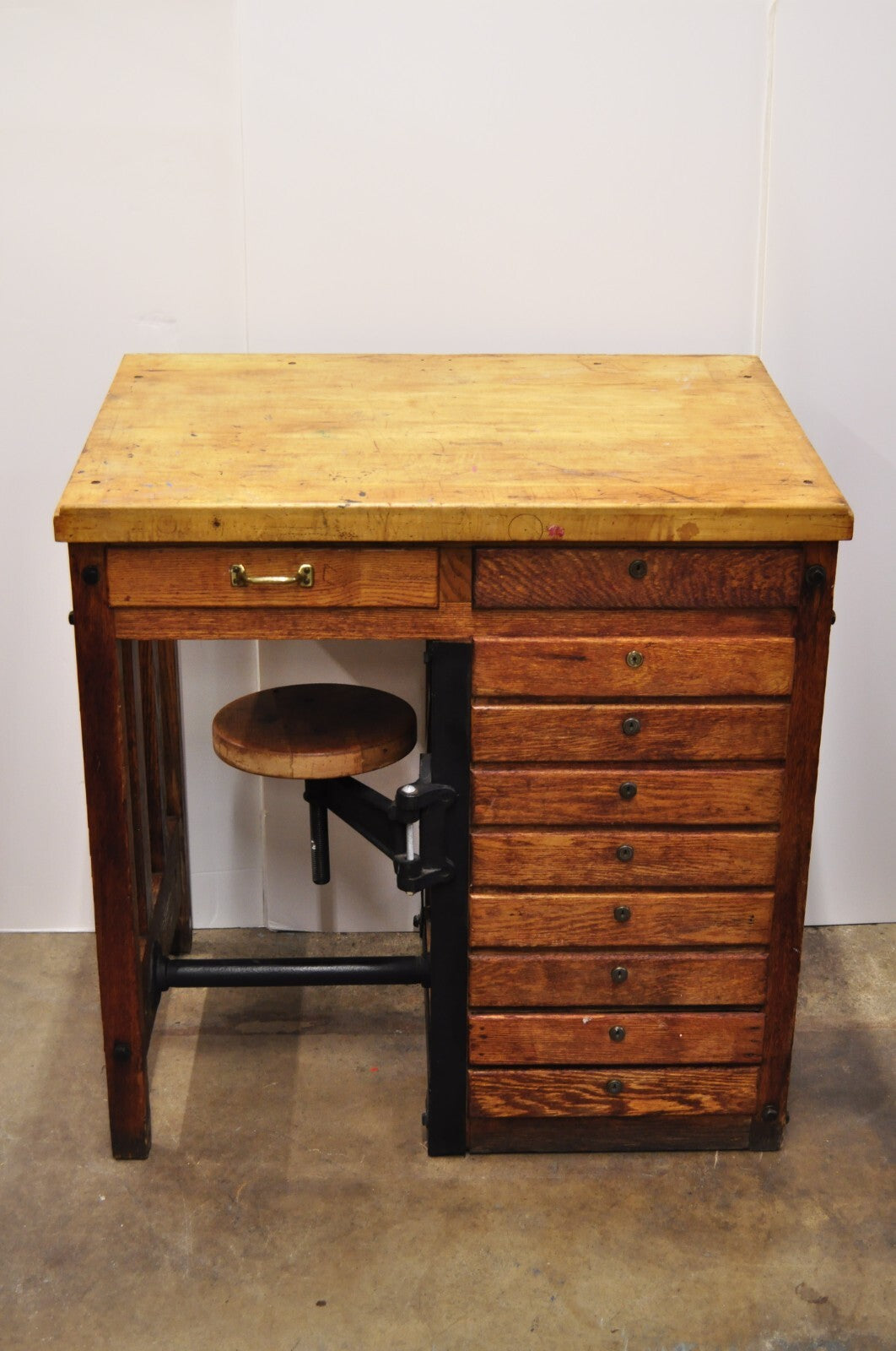 Antique Arts & Crafts Oak Jewelers Workbench Desk Drafting Table w/ Swivel Stool
