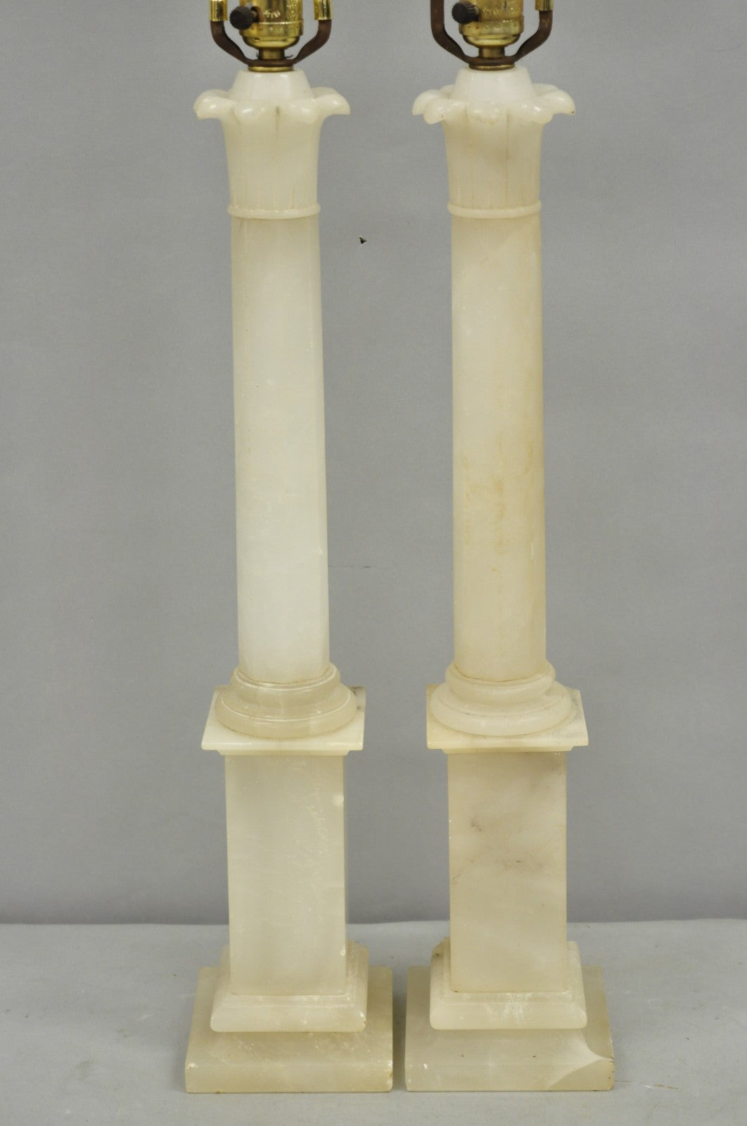 Vintage French Empire Italian Carved Alabaster Column Table Lamps - a Pair