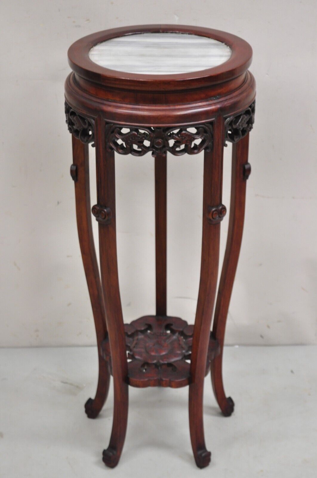 Vintage Chinoiserie Chinese Carved Hardwood Marble Top Pedestal Plant Stand