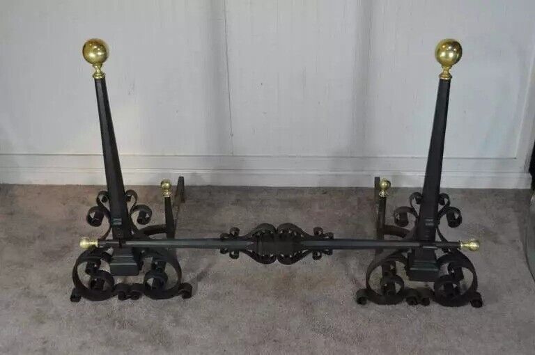 Antique Mission Arts & Crafts Scrolling Wrought Iron & Brass Large Andiron Set