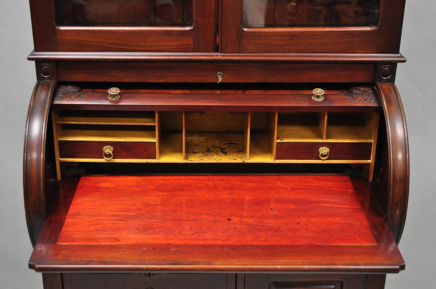 Antique Victorian Mahogany Cylinder Roll Top Bookcase Secretary Desk Cabinet