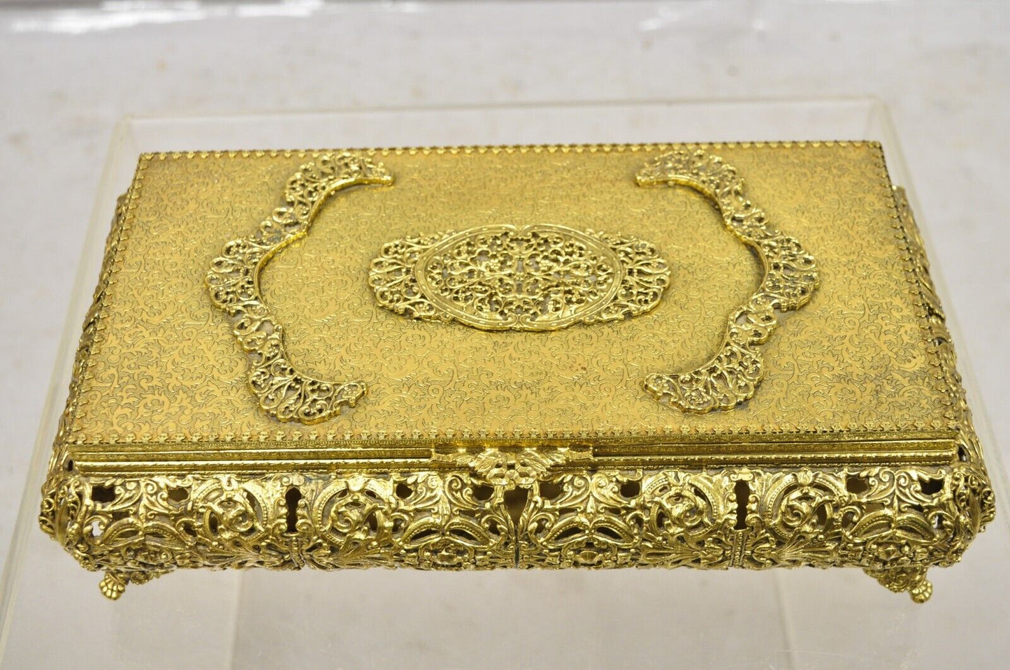 Vtg French Hollywood Regency Style Gold Filigree Vanity Jewelry Box by Globe