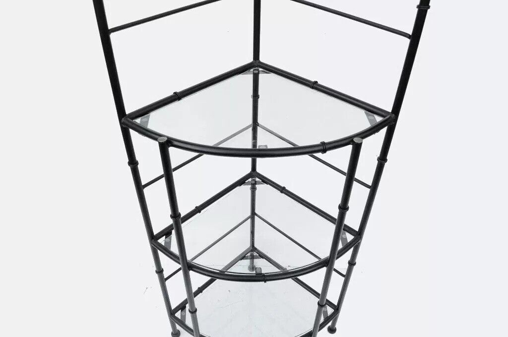 Vintage Hollywood Regency Iron Metal Faux Bamboo Corner Bakers Rack Etagere